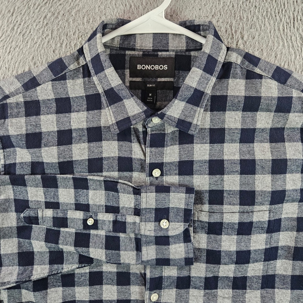 Bonobos Mens Slim‎ Fit Flannel Shirt Medium Navy Gray Buffalo Check Button Down